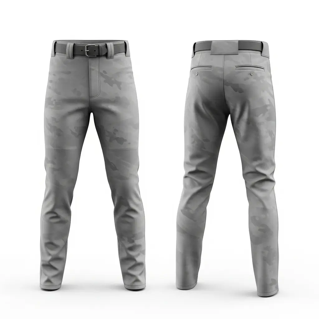 A product image of modern gray camo baseball pants, shown from the front and back.