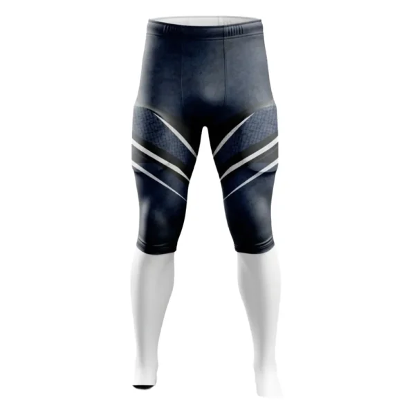 Front view of dark gray football pants with a modern white and black chevron stripe pattern on the thighs.
