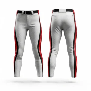 Back view of white softball pants with a subtle diamond plate pattern and a bold black and red stripe on the sides.