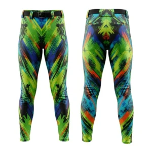A product image of a pair of custom softball pants with a dynamic, abstract green and blue streak design, shown from the front and back.