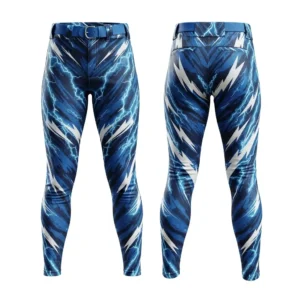 Back view of softball pants with an all-over blue and white lightning bolt design.