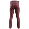 Back view of maroon baseball pants with a vertical pinstripe design and a black belt.
