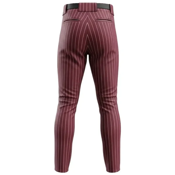 Back view of maroon baseball pants with a vertical pinstripe design and a black belt.