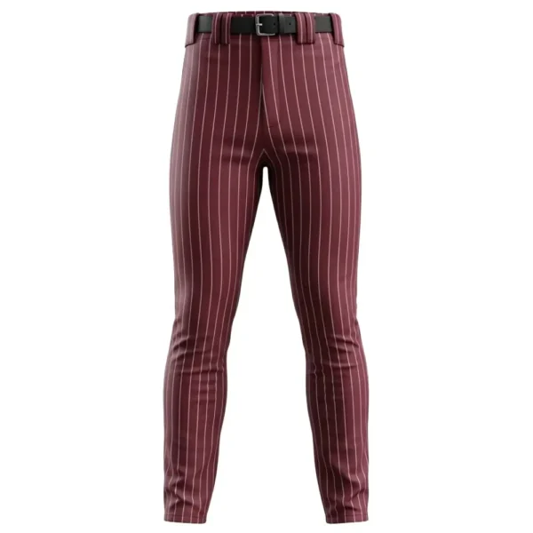 Front view of classic maroon baseball pants with thin white pinstripes and a black belt.