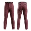 A product image of traditional maroon baseball pants with white pinstripes, shown from the front and back.