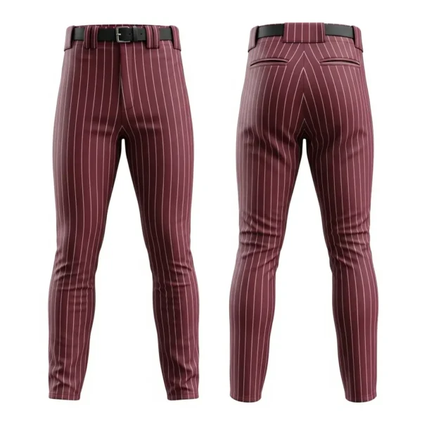 A product image of traditional maroon baseball pants with white pinstripes, shown from the front and back.