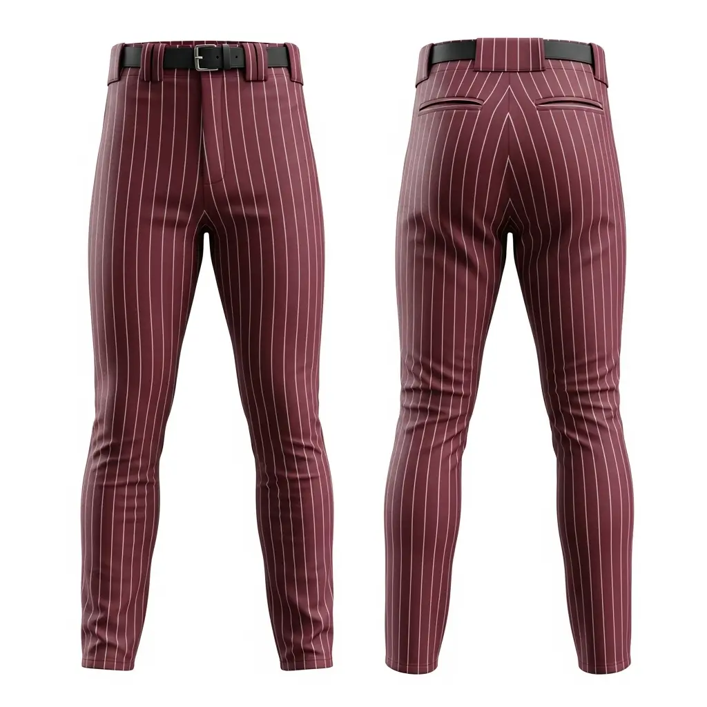 A product image of traditional maroon baseball pants with white pinstripes, shown from the front and back.