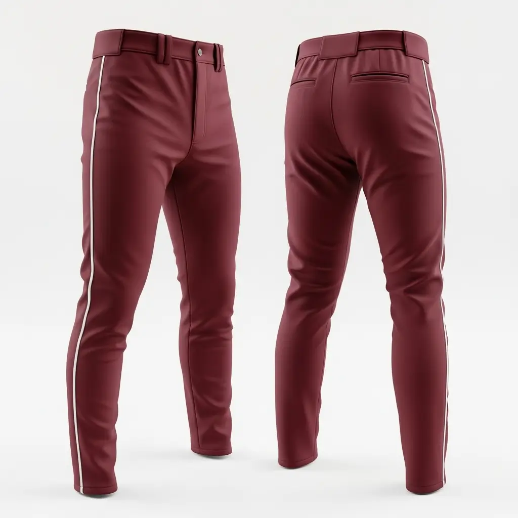 A product image of classic maroon baseball pants with a white side stripe, shown from the front and back.