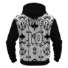 Back view of a Native-American-themed hoodie with a black and white geometric pattern, showcasing "PLAYER" and the large number 10.
