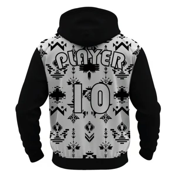 Back view of a Native-American-themed hoodie with a black and white geometric pattern, showcasing "PLAYER" and the large number 10.