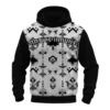Front view of a Native-American-themed hoodie with a black and white geometric pattern, featuring the team name "NATIVE HAWKS".