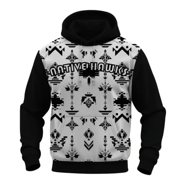 Front view of a Native-American-themed hoodie with a black and white geometric pattern, featuring the team name "NATIVE HAWKS".