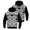 A product image of a custom Native Hawks hoodie, with a black and white geometric tribal pattern, shown from the front and back.