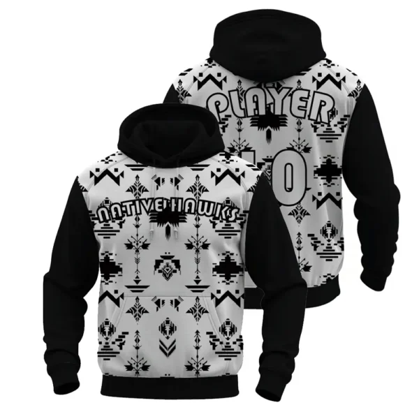 A product image of a custom Native Hawks hoodie, with a black and white geometric tribal pattern, shown from the front and back.