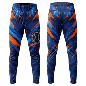 A product image of bold baseball pants with a navy blue and orange abstract streak design, shown from both the front and back.