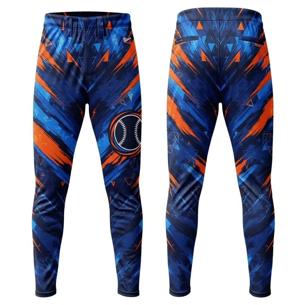 A product image of bold baseball pants with a navy blue and orange abstract streak design, shown from both the front and back.