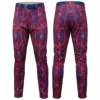 A product image of bold baseball pants with a distressed red and blue stripe pattern, shown from the front and back.