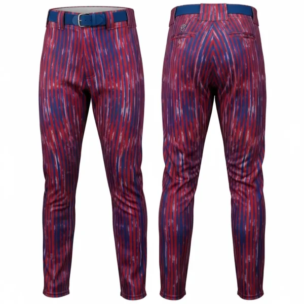 A product image of bold baseball pants with a distressed red and blue stripe pattern, shown from the front and back.
