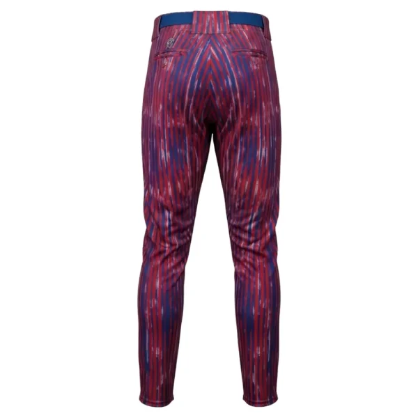 Back view of baseball pants with a distressed red and blue vertical stripe design.
