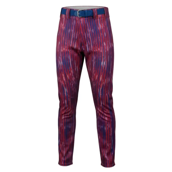 Front view of baseball pants with a vibrant red and blue distressed vertical stripe pattern.