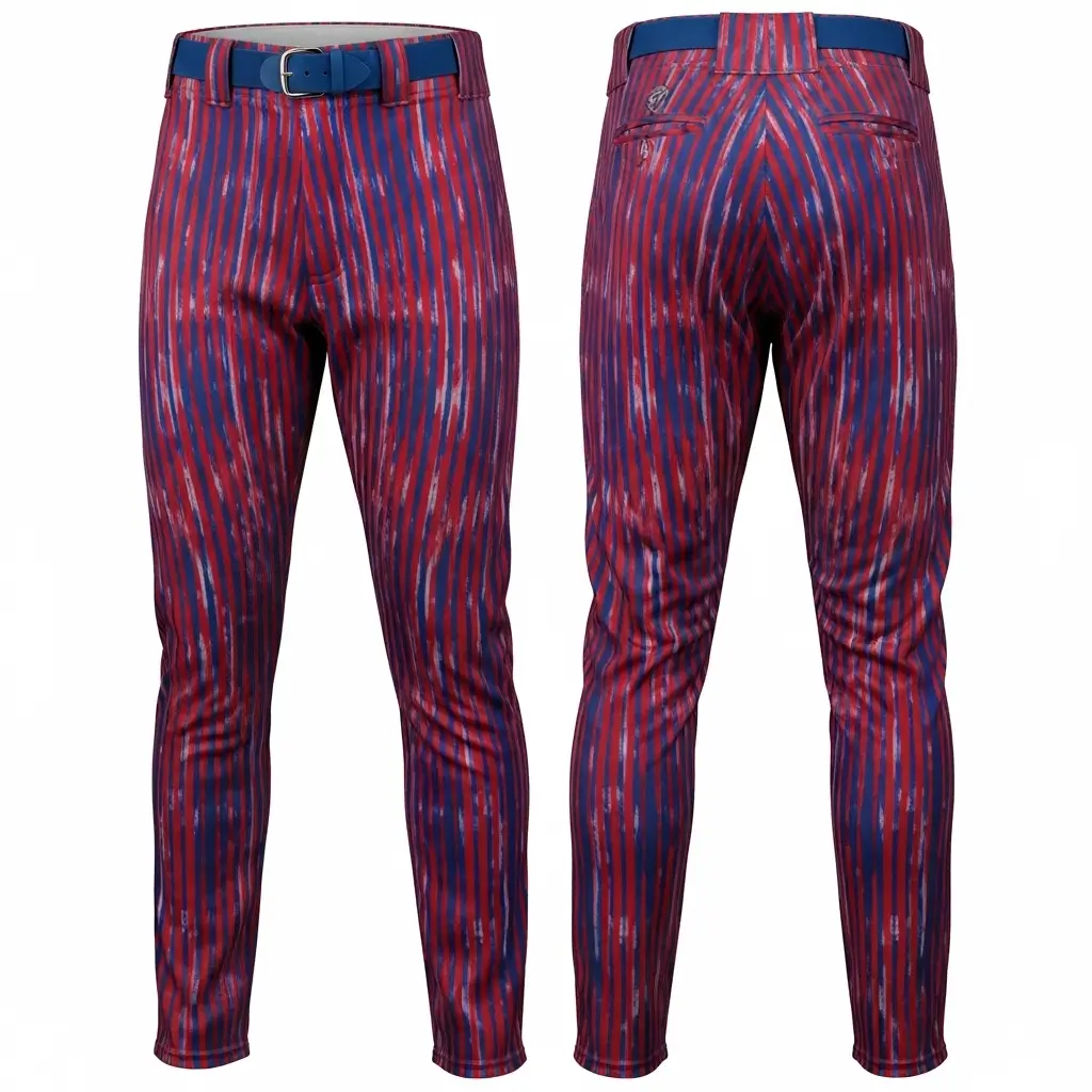 A product image of bold baseball pants with a distressed red and blue stripe pattern, shown from the front and back.
