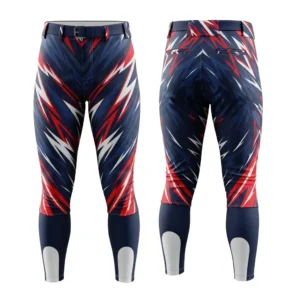 A product image of custom softball pants with a patriotic red, white, and blue abstract whisk design, shown from the front and back.