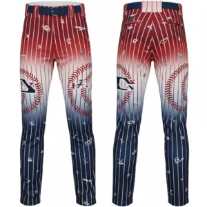 A product image of unique baseball pants with a red-to-blue pinstripe fade design and baseball-themed graphics, shown from the front and back.