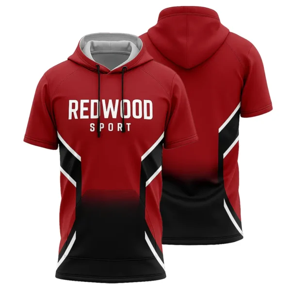 red and black short sleeves sublimated pullover hoodie front back