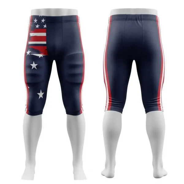 A product image of football pants with a unique patriotic American flag stars and stripes design, shown from the front and back.