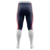 Back view of football pants with a navy blue base and a red and white vertical stripe down the sides.