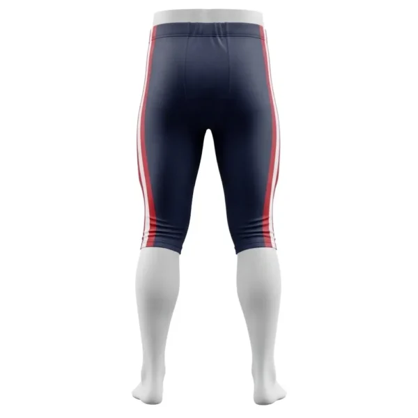 Back view of football pants with a navy blue base and a red and white vertical stripe down the sides.