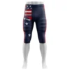 Front view of patriotic football pants featuring a distressed American flag with stars and stripes.