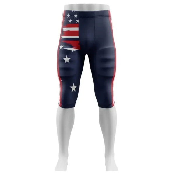 Front view of patriotic football pants featuring a distressed American flag with stars and stripes.