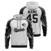 A product image of a custom baseball hoodie in white and black, showcasing the front with "Baseballs" logo and the back with "NAME 45".