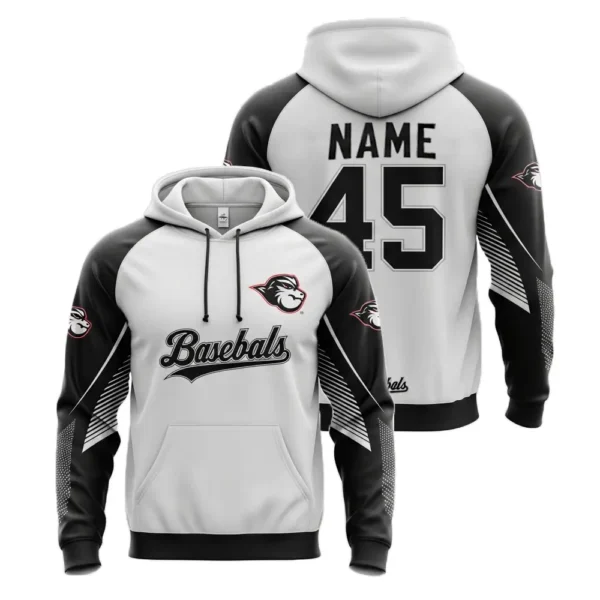 A product image of a custom baseball hoodie in white and black, showcasing the front with "Baseballs" logo and the back with "NAME 45".
