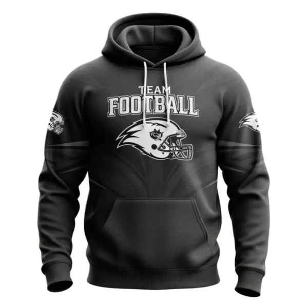 Front view of a black and white football hoodie with a subtle grey pattern, featuring a white team logo and the text "TEAM FOOTBALL".