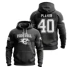 A product image of a black and white football hoodie, displaying the front with a team logo and the back with a player's number.