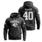 A product image of a black and white football hoodie, displaying the front with a team logo and the back with a player's number.
