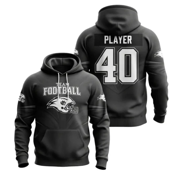 A product image of a black and white football hoodie, displaying the front with a team logo and the back with a player's number.