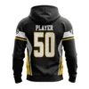 Back view of a black, white, and yellow football hoodie, with the text "PLAYER" and the large number 50.