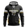 Front view of a black, white, and yellow football hoodie with a team logo and "FOOTBALL TEAM" text.