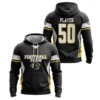 A product image of a black and yellow football hoodie, showing the front with a logo and the back with a large number 50.