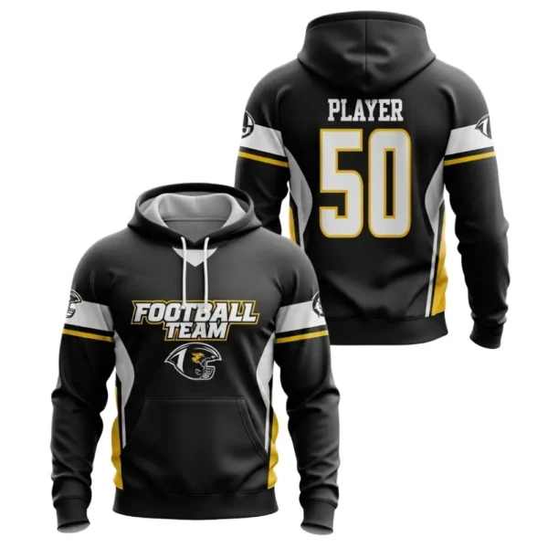 A product image of a black and yellow football hoodie, showing the front with a logo and the back with a large number 50.