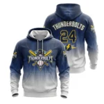 A customizable blue and white gradient baseball hoodie for the "Thunderbolts" team, showcasing the front logo with bats and the back with number 24.
