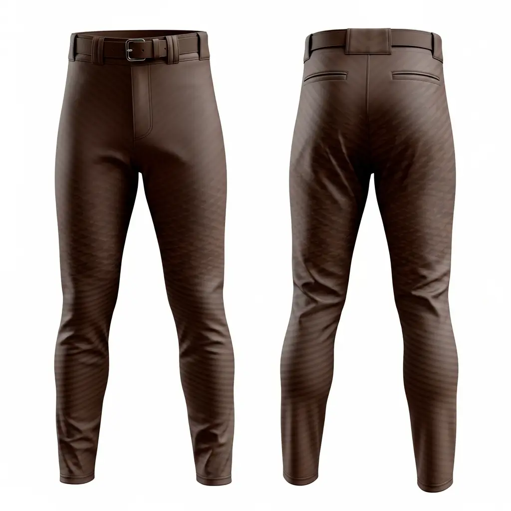 A product image of stylish brown baseball pants with a subtle geometric pattern, shown from the front and back.