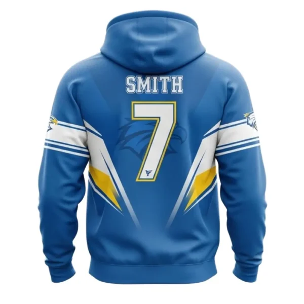 Back view of a blue and yellow Eagle FC soccer hoodie, featuring the name "SMITH" and a large number 7 on the back.