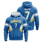 A custom-designed Eagle FC soccer hoodie, displayed from the front and back, with a blue, yellow, and white design.