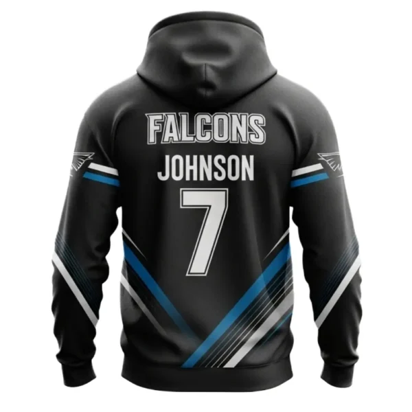 Back view of a Falcons soccer hoodie, with a large number 7 and the name "JOHNSON" above the team's logo.