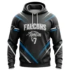 Front view of a dark gray and blue custom soccer hoodie for the Falcons, with a striking striped design and the name "JOHNSON" and number 7.