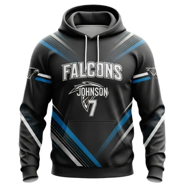 Front view of a dark gray and blue custom soccer hoodie for the Falcons, with a striking striped design and the name "JOHNSON" and number 7.